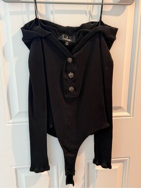 Lulu's Black Ribbed Button-Front Off-Shoulder Bodysuit